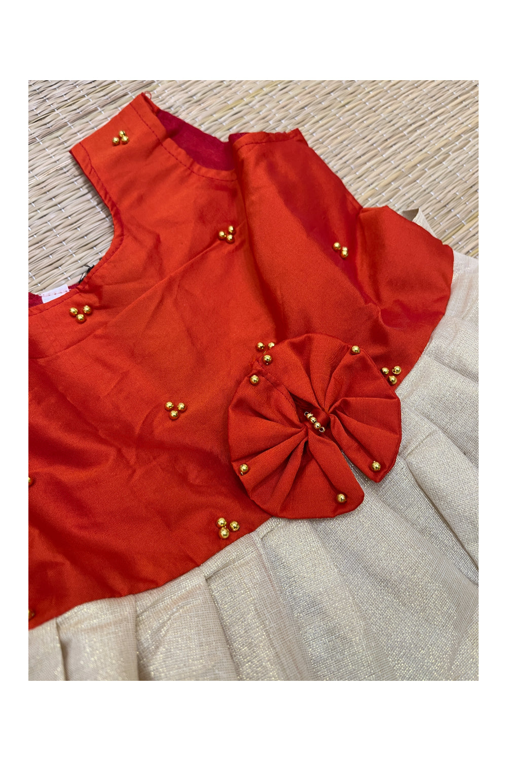 Southloom Kerala Tissue Frock with Red Bead Work Designs for Kids (3 Years)
