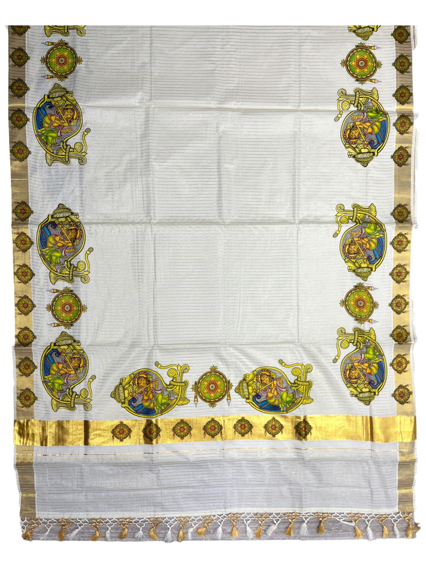 Southloom Pure Cotton Kerala Kasavu Lines Saree with Krishna Mural Printed Art Design and Printed Border