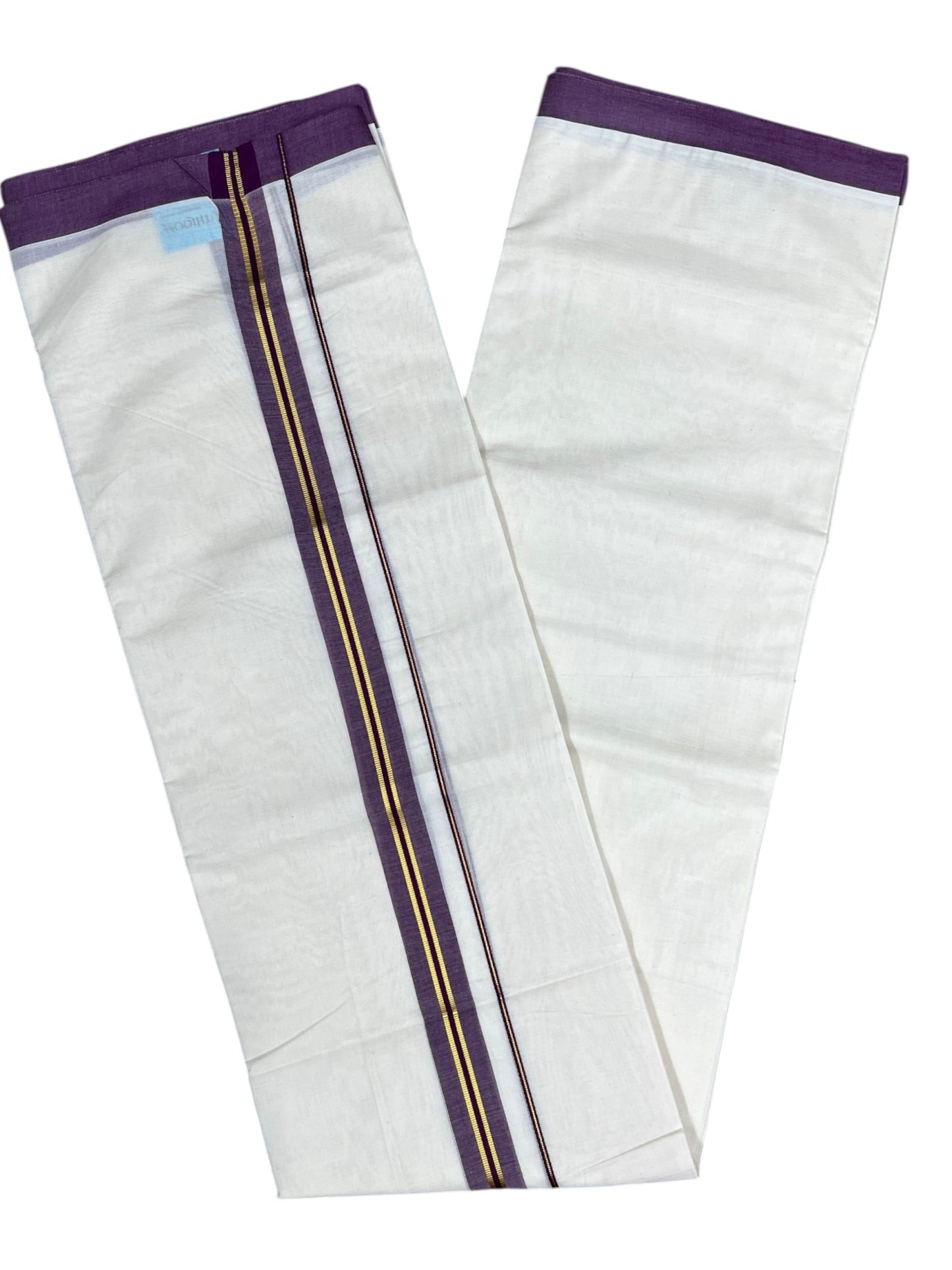 Southloom Pure Cotton Mundu with Gold Lines and purple Border (South Indian Kerala Dhoti)