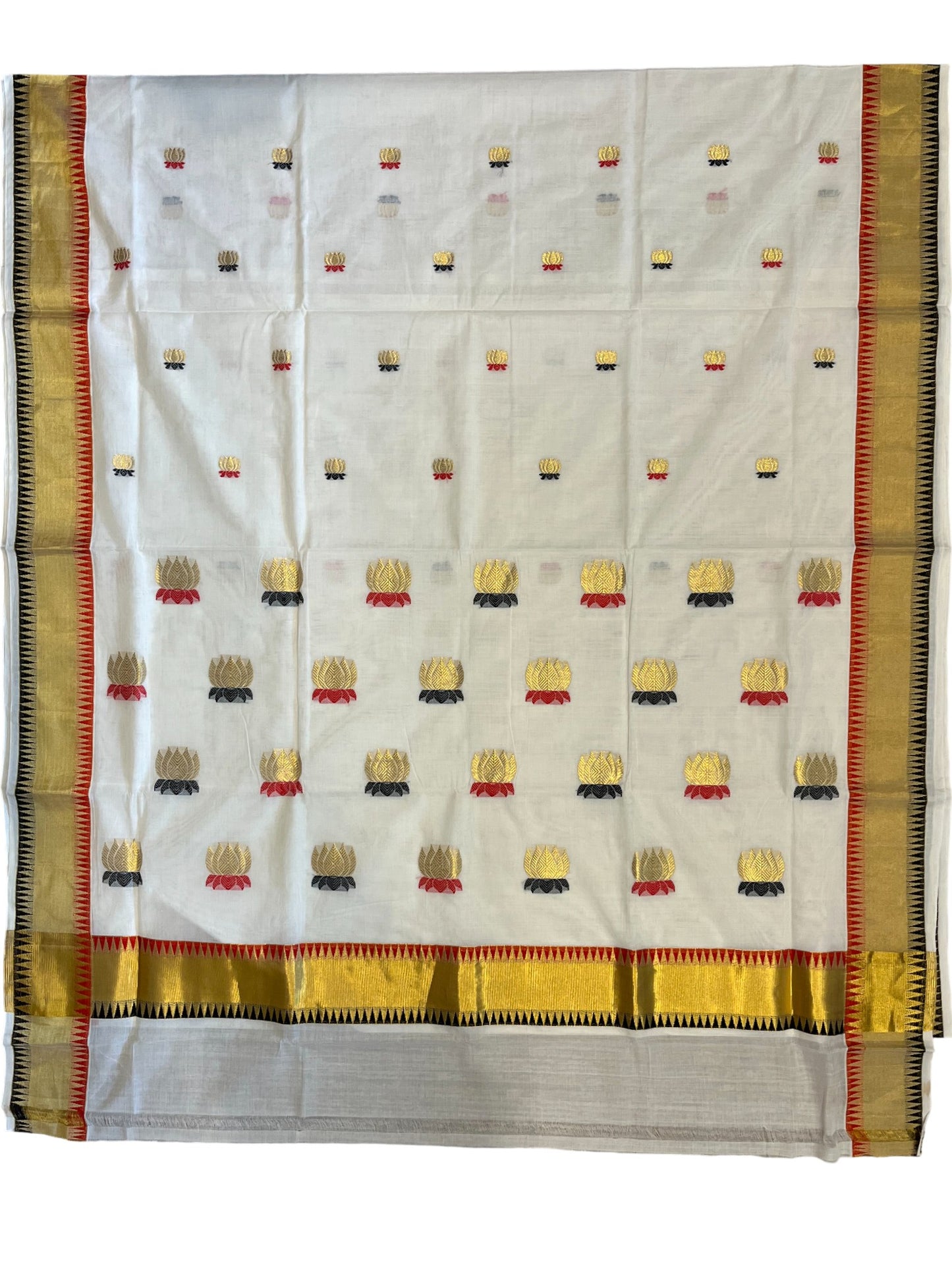 Southloom Super Premium Balaramapuram Unakkupaavu Handloom Cotton Saree with Lotus Woven Work on Body with Temple Border