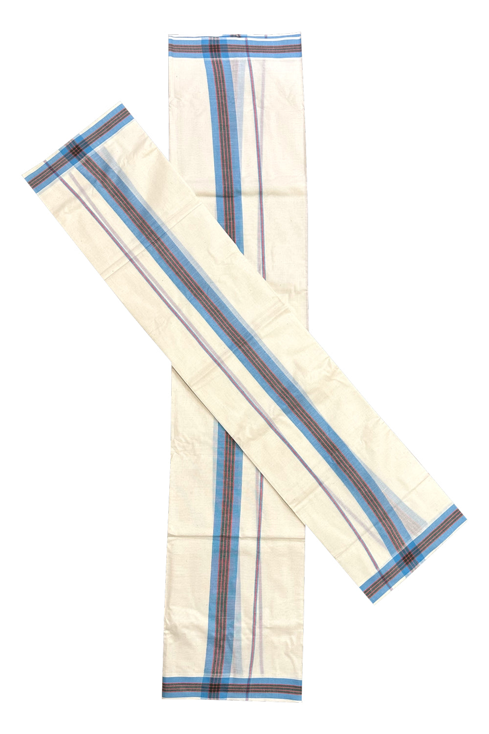 Kerala Mulloth Soft Cotton Mundum Neriyathum Single with Blue and Red Border (Onam Set Mundu 2023)