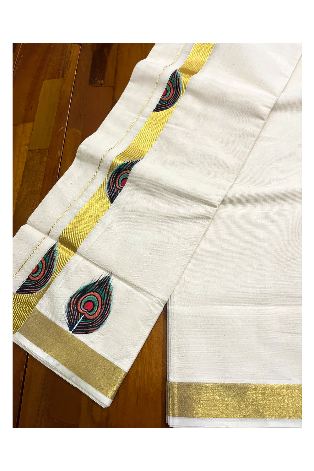 Kerala Pure Cotton Double Mundu with Feather Mural Painted Design on Kasavu Border (South Indian Kerala Dhoti)