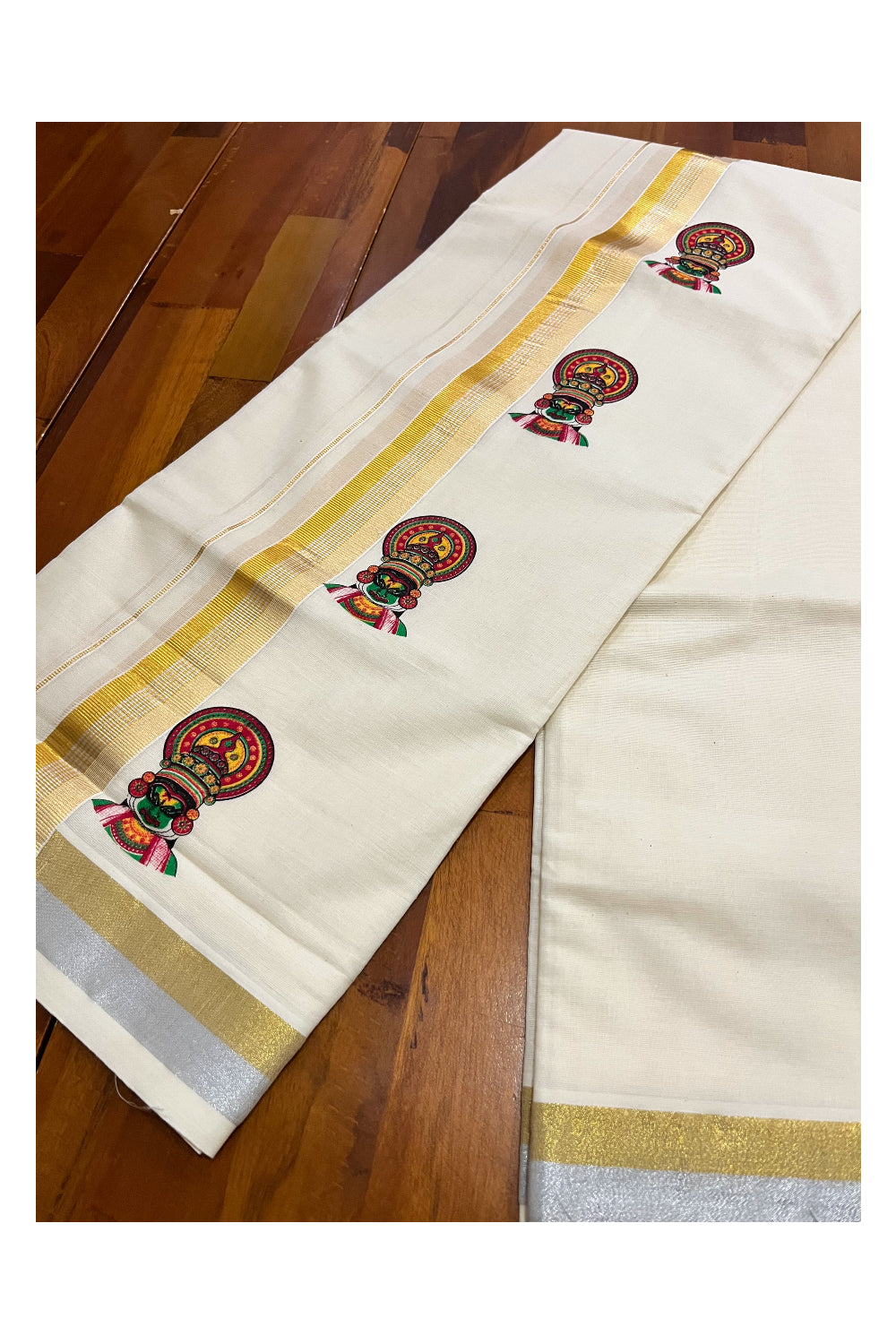 Kerala Pure Cotton Double Mundu with Kathakali Mural Painted Design on Kasavu Border (South Indian Kerala Dhoti)