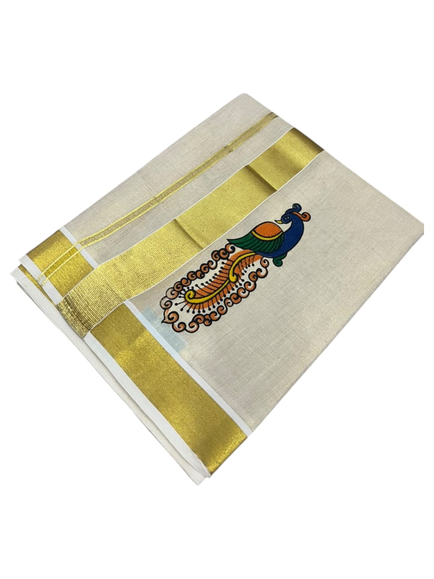 Southloom Kerala Tissue Double Mundu with Peacock Design and Gold Kasavu Border  (South Indian Dhoti) SL612