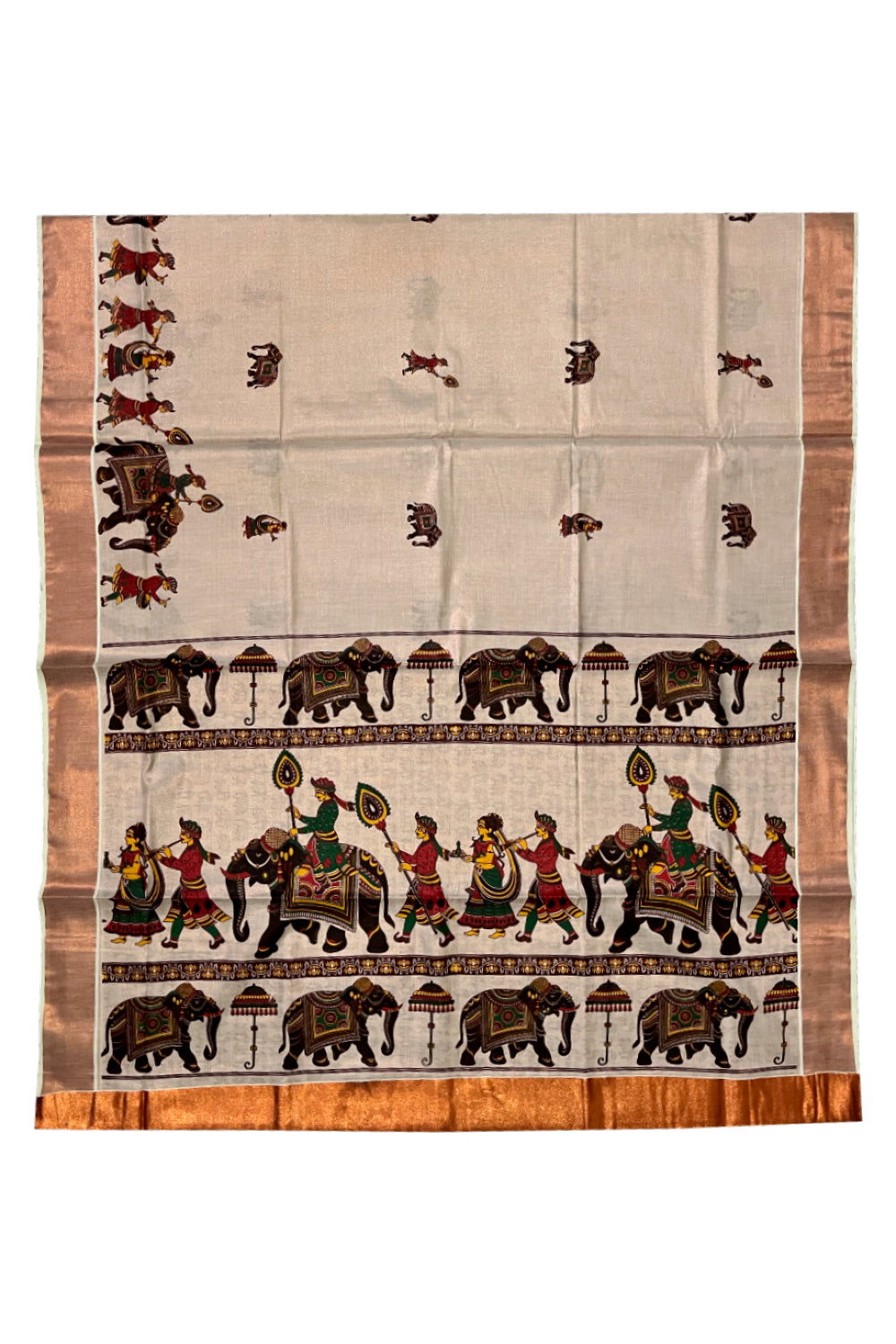 Kerala Copper Tissue Kasavu Saree With Mural Festival Parasol and Elephant Design (include Printed Running Blouse)