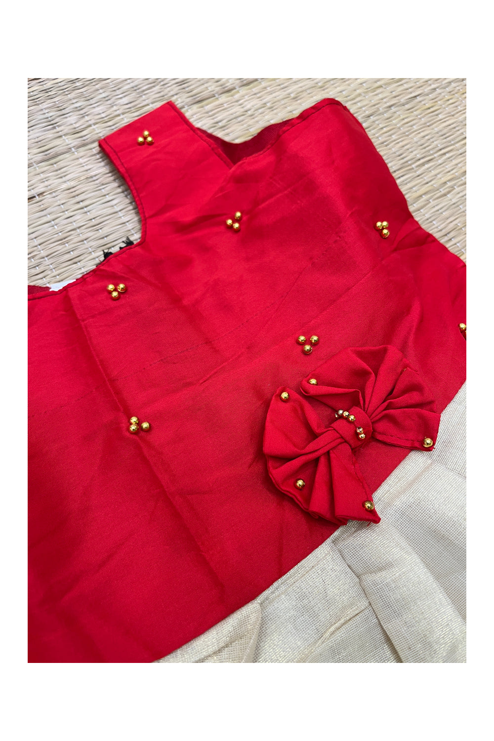 Southloom Kerala Tissue Frock with Red Bead Work Designs for Kids (4 Years)