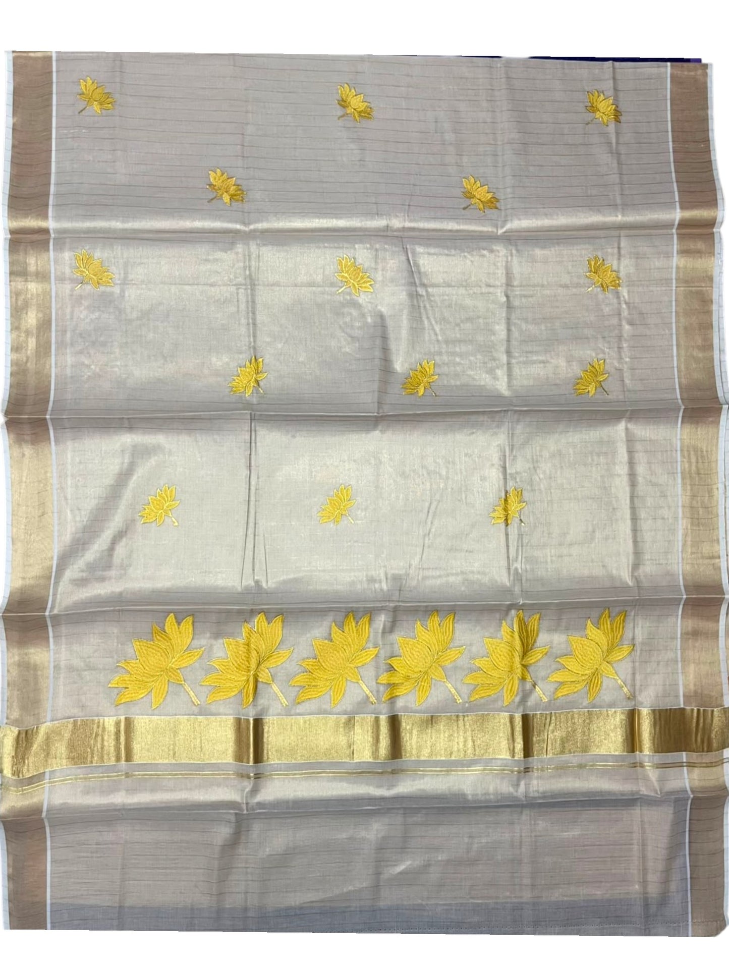Southloom Kerala Tissue Lines Kasavu Saree with Yellow Lotus Embroidery Works