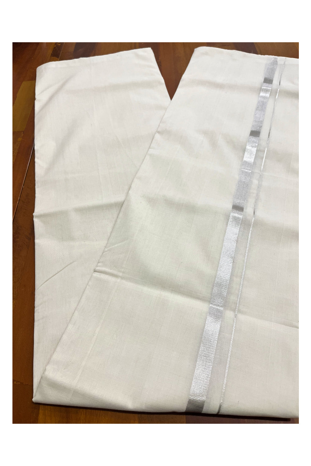 Premium Balaramapuram Handloom Unakkupaavu Cotton Double Mundu with 0.75 inch Silver Kasavu Border (Vishu 2024 Collection)