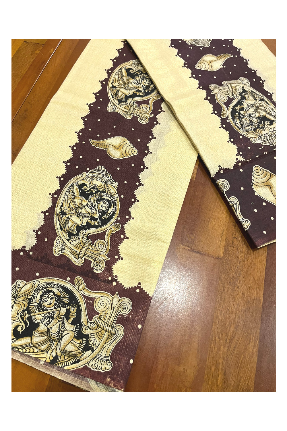 Kerala Tissue Kasavu Set Mundu (Mundum Neriyathum) with Krishna Mural Prints on Brown Border (Onam Set Mundu 2023)