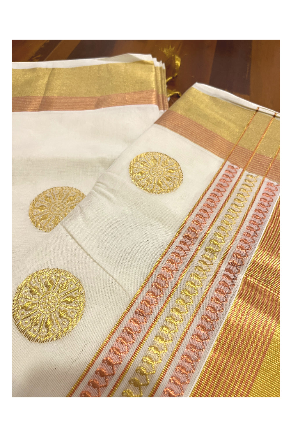 Southloom Premium Handloom Cotton Golden and Copper Kasavu Saree with Woven Designs on Body