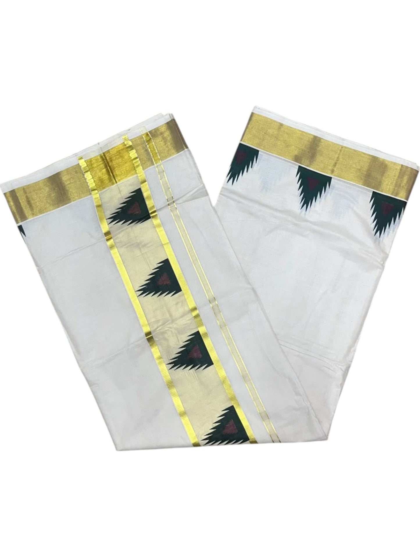 Southloom Cotton Kerala Kasavu Saree with Temple Digital Print In Green and Maroon Borders SL369