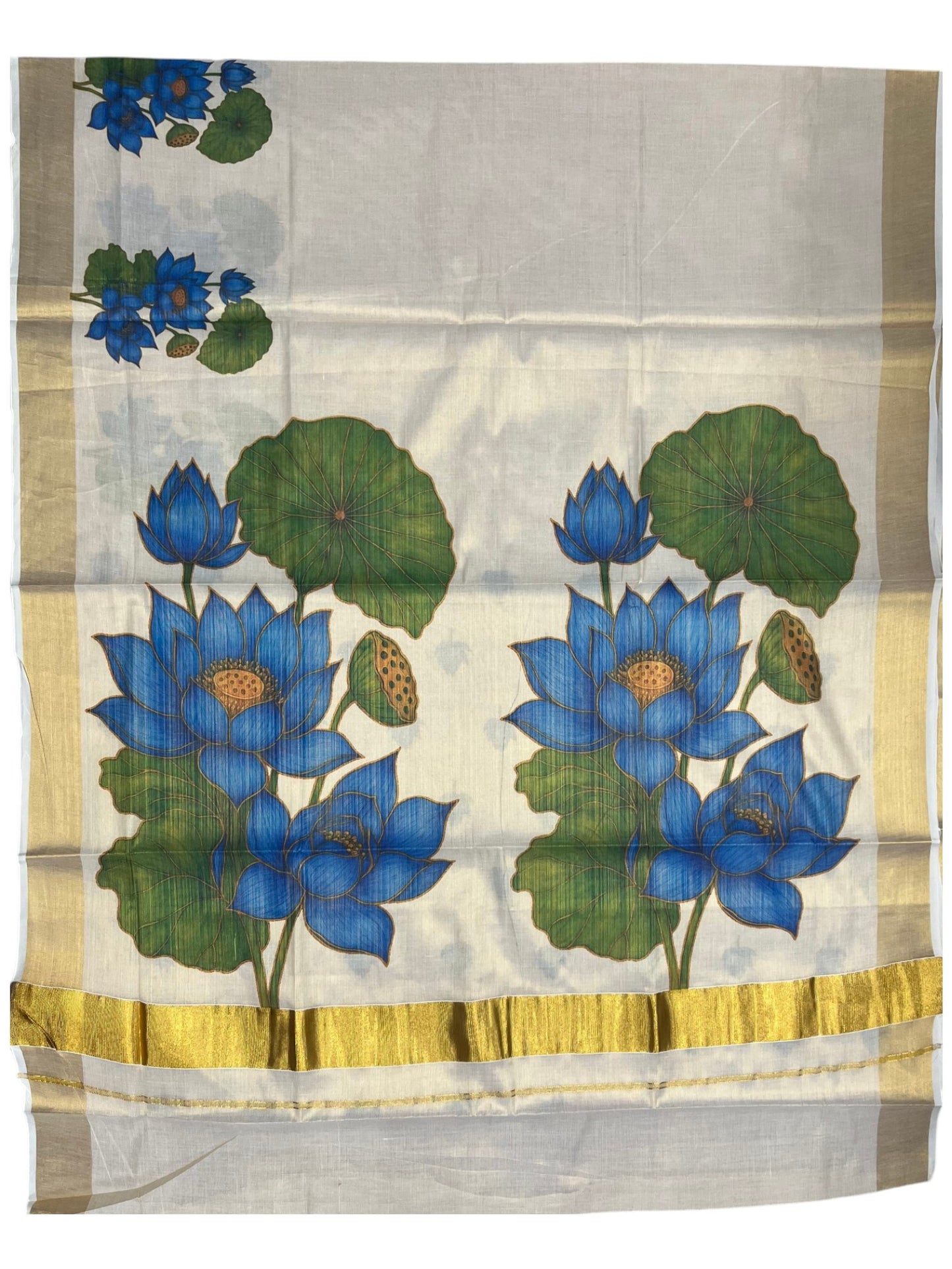 Southloom Kerala Tissue Kasavu Saree with  Blue Lotus Digital Prints on Border