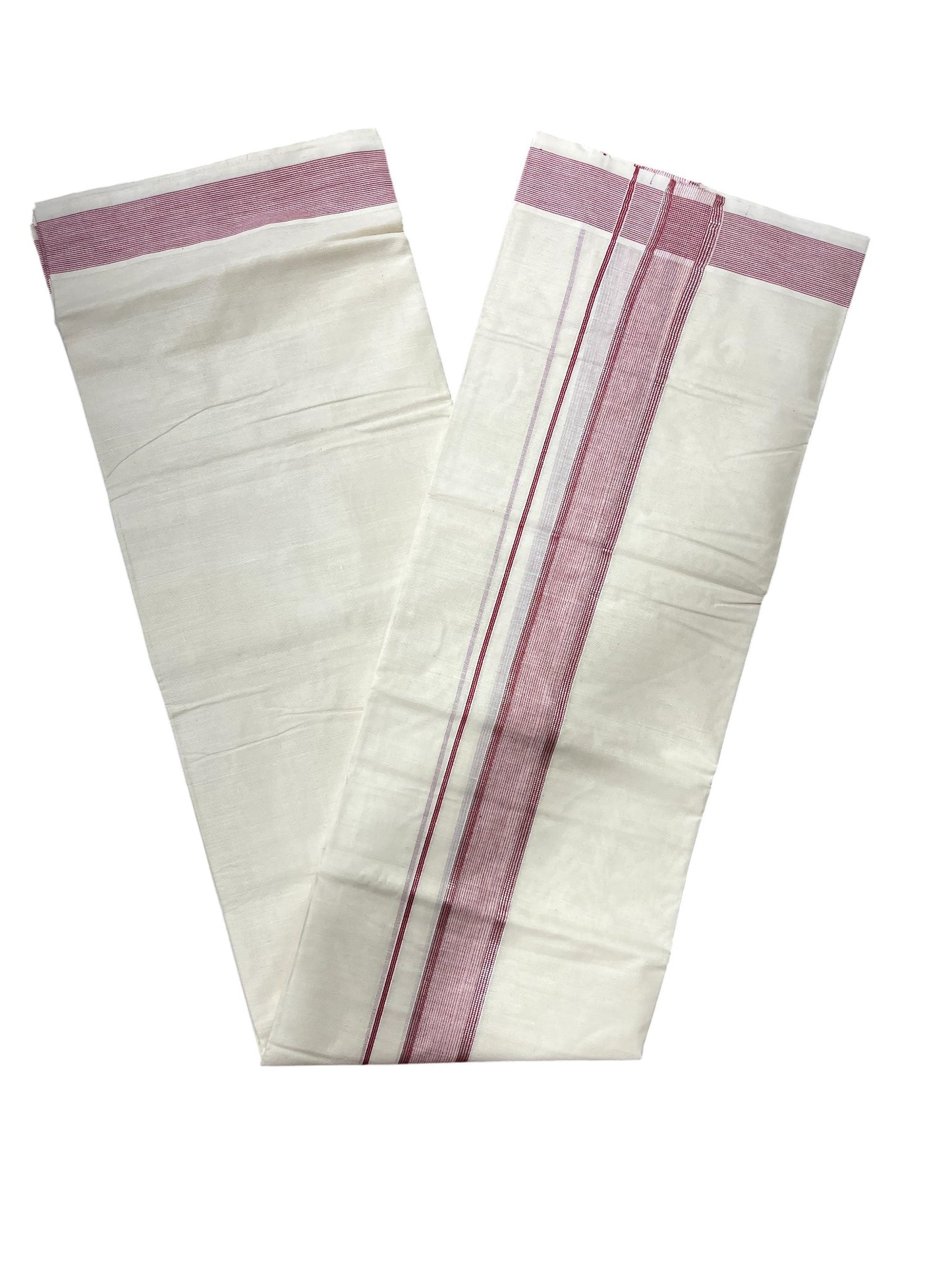 Southloom Kerala Pure Cotton Double Mundu with Silver Lines & Maroon Border (South Indian Dhoti)