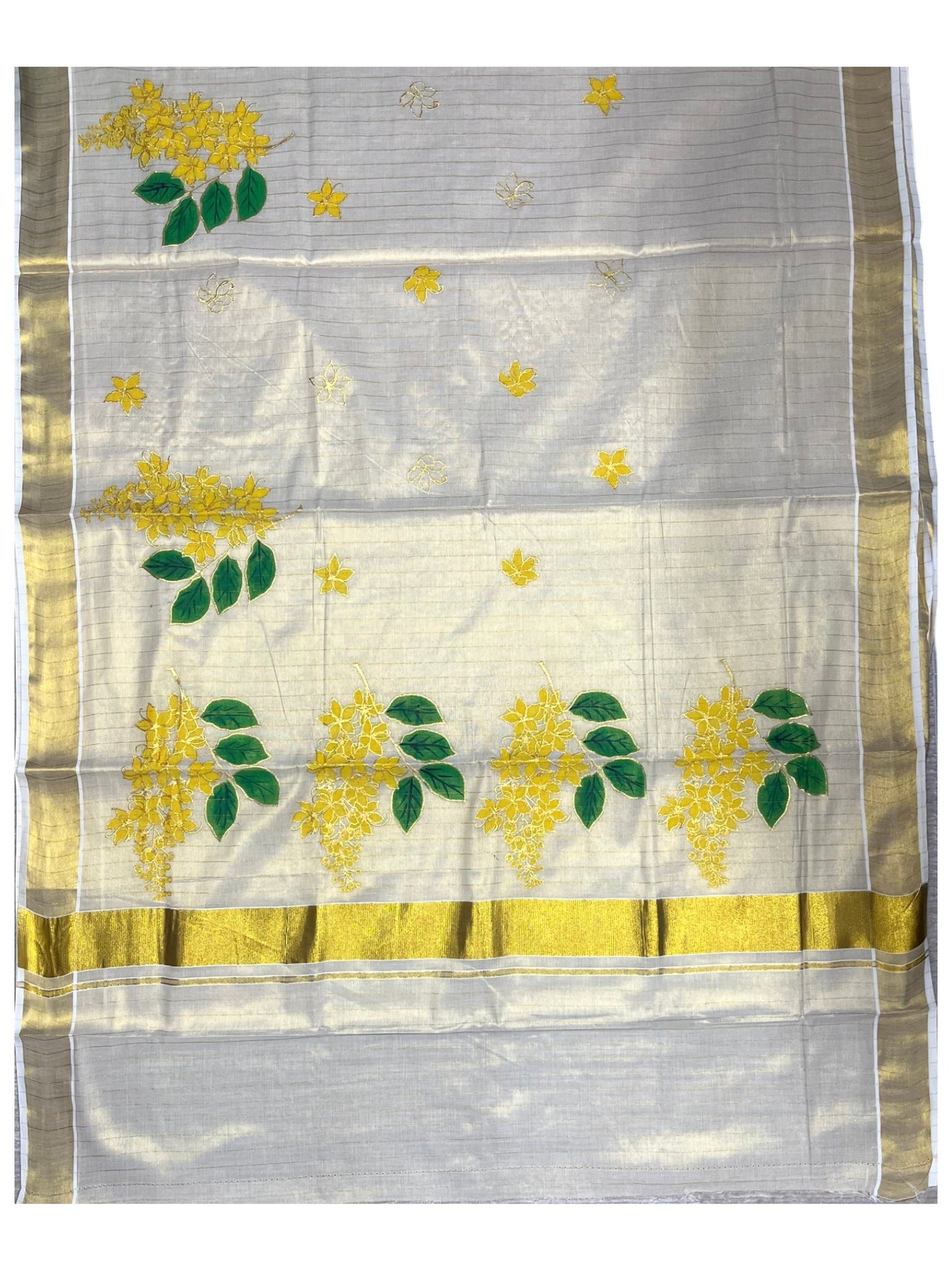 Southloom Tissue Kerala Kasavu Saree with Kanikonna Embroidery Work on Body