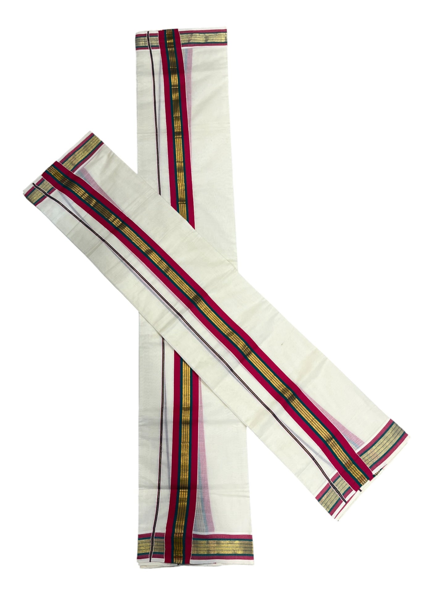 Kerala Cotton Kasavu Set Mundu (Mundum Neriyathum) with Magenta and Green Border 2.80 Mtrs