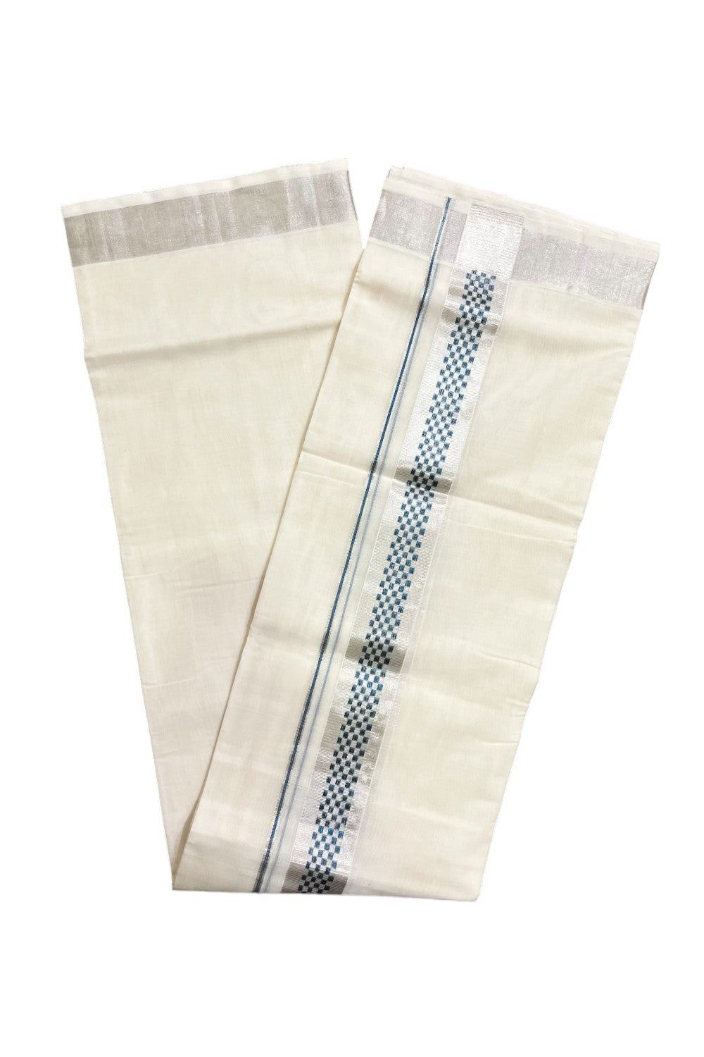 Southloom Premium Handloom Pure Cotton Mundu with Silver and Blue Kasavu Woven Border