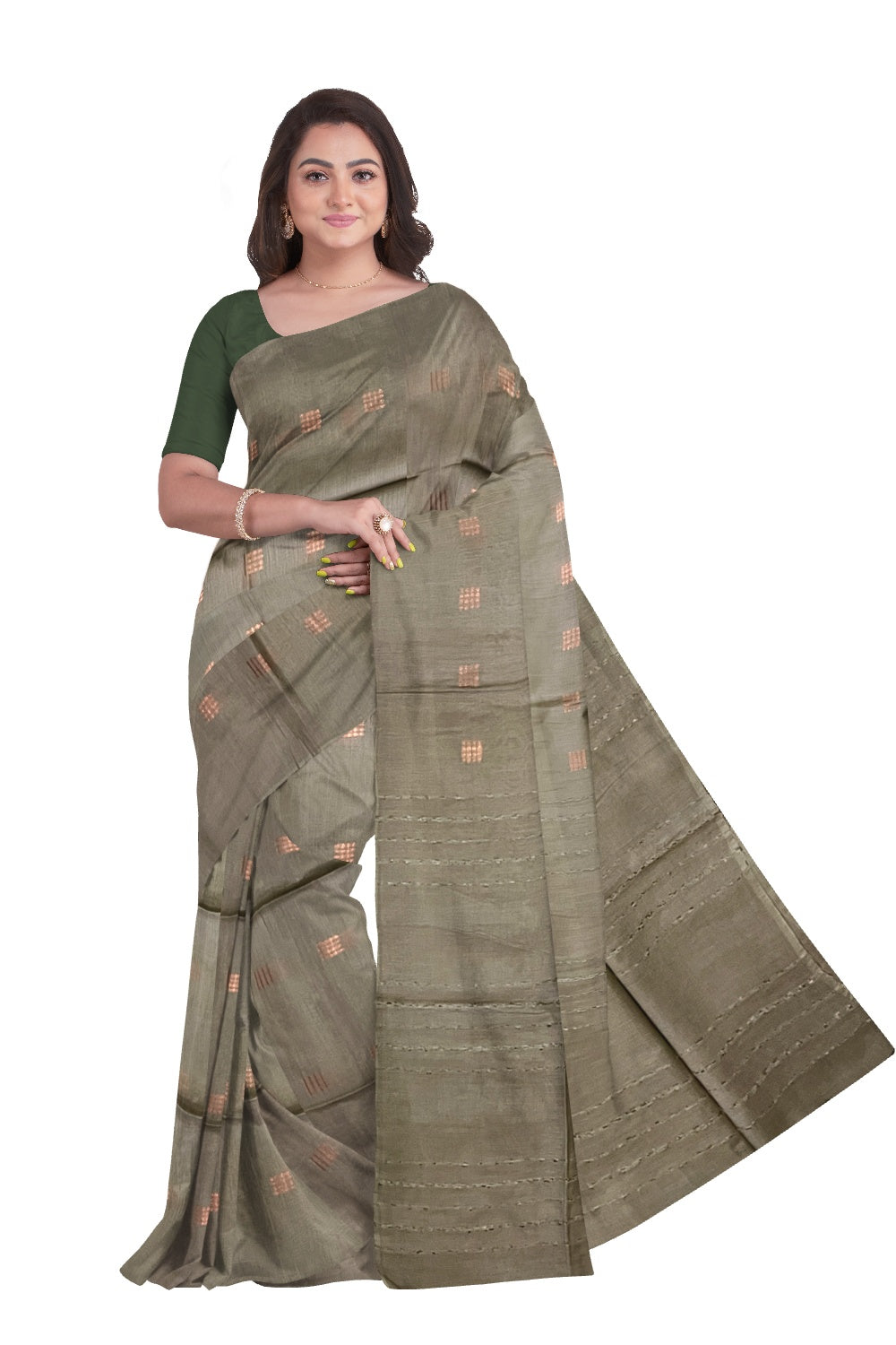 Southloom Cotton Brown Saree with Copper Butta Works on Body