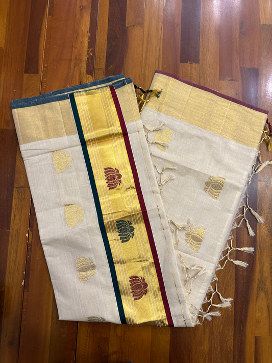 Southloom Premium Handloom Tissue Kasavu Saree with Green, Gold and Maroon Lotus Woven Designs