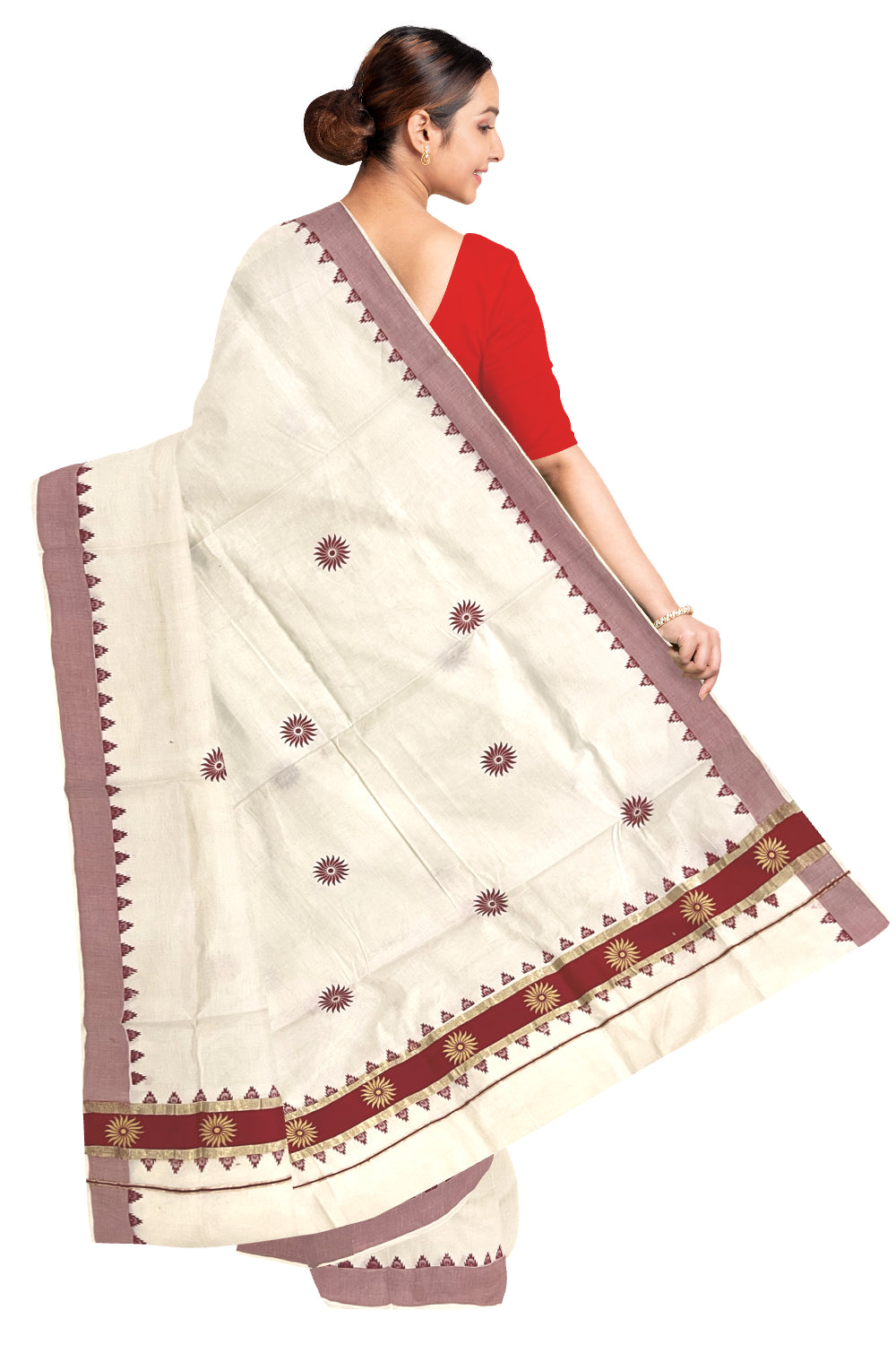 Pure Cotton Kerala Kasavu Saree with Red Floral Block Printed Design