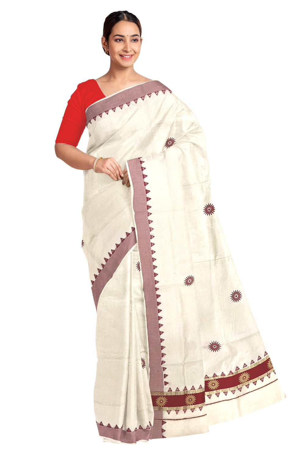 Pure Cotton Kerala Kasavu Saree with Red Floral Block Printed Design