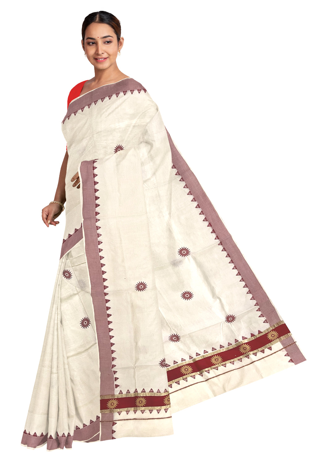 Pure Cotton Kerala Kasavu Saree with Red Floral Block Printed Design