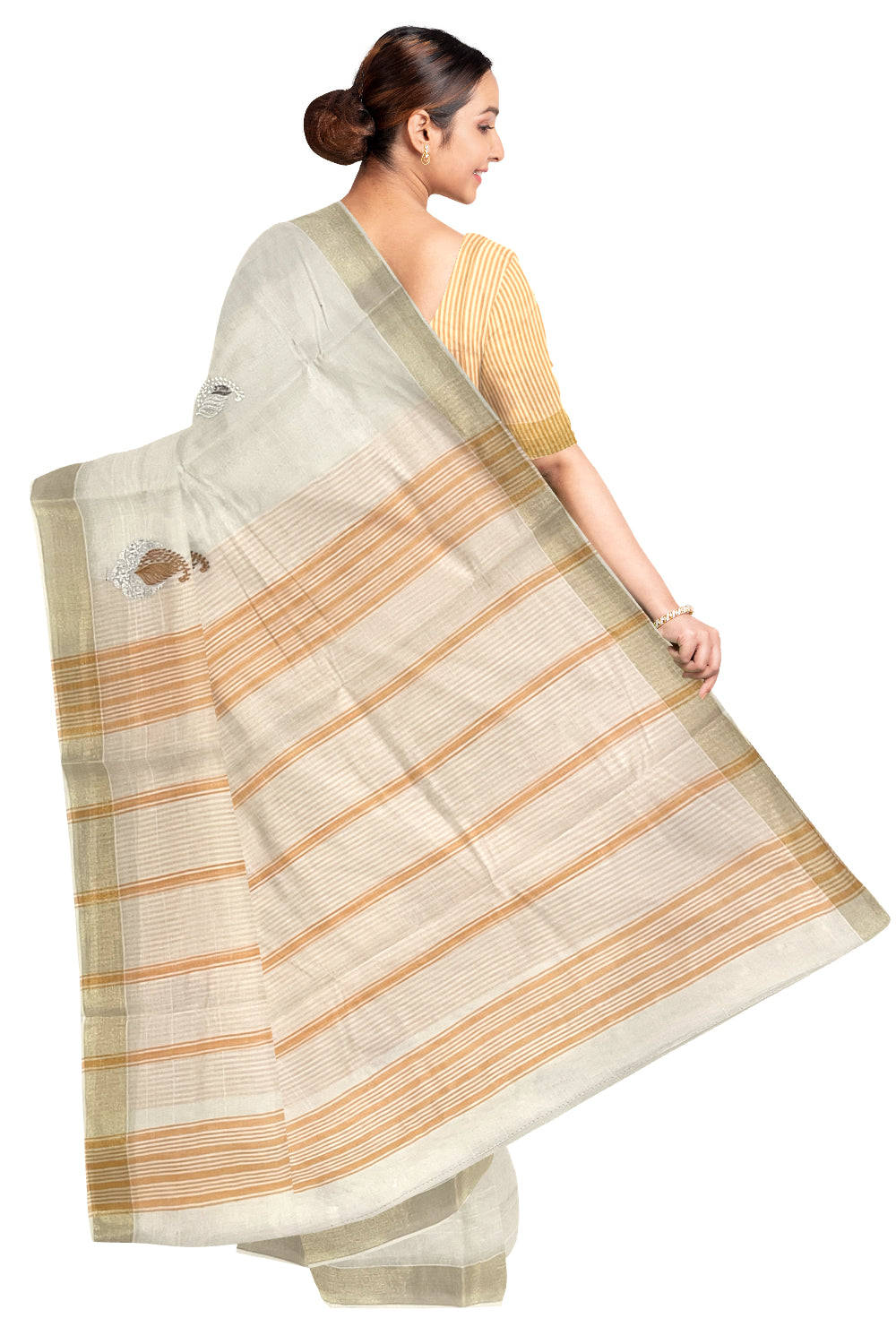 Pure Cotton Kerala Saree with Orange Paisley Embroidery Work and Kasavu Border