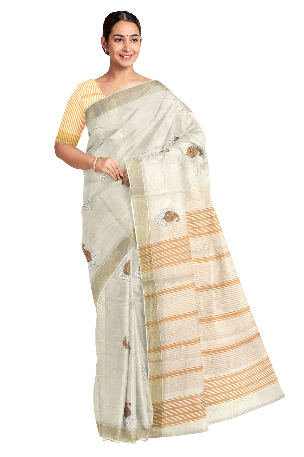 Pure Cotton Kerala Saree with Orange Paisley Embroidery Work and Kasavu Border