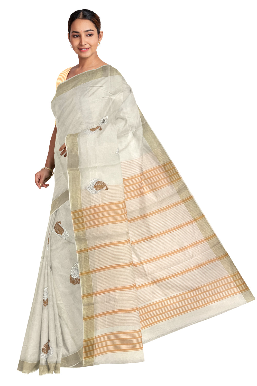 Pure Cotton Kerala Saree with Orange Paisley Embroidery Work and Kasavu Border