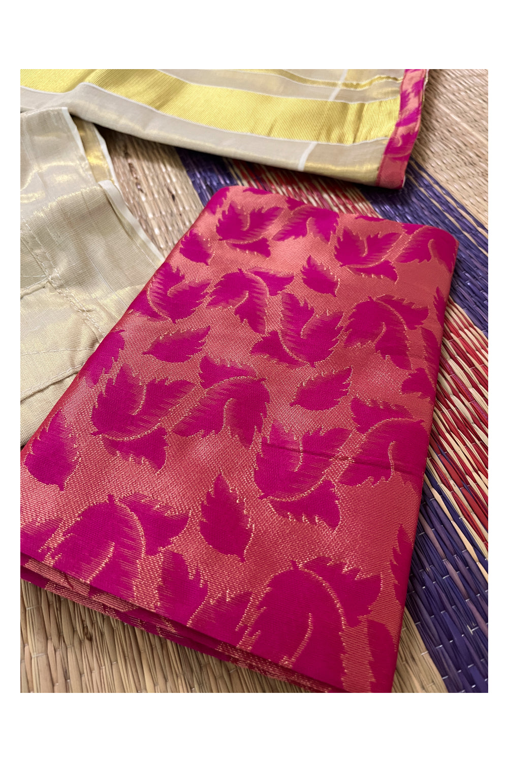 Semi Stitched Dhavani Set with Tissue Pavada and Magenta Designer Blouse Piece
