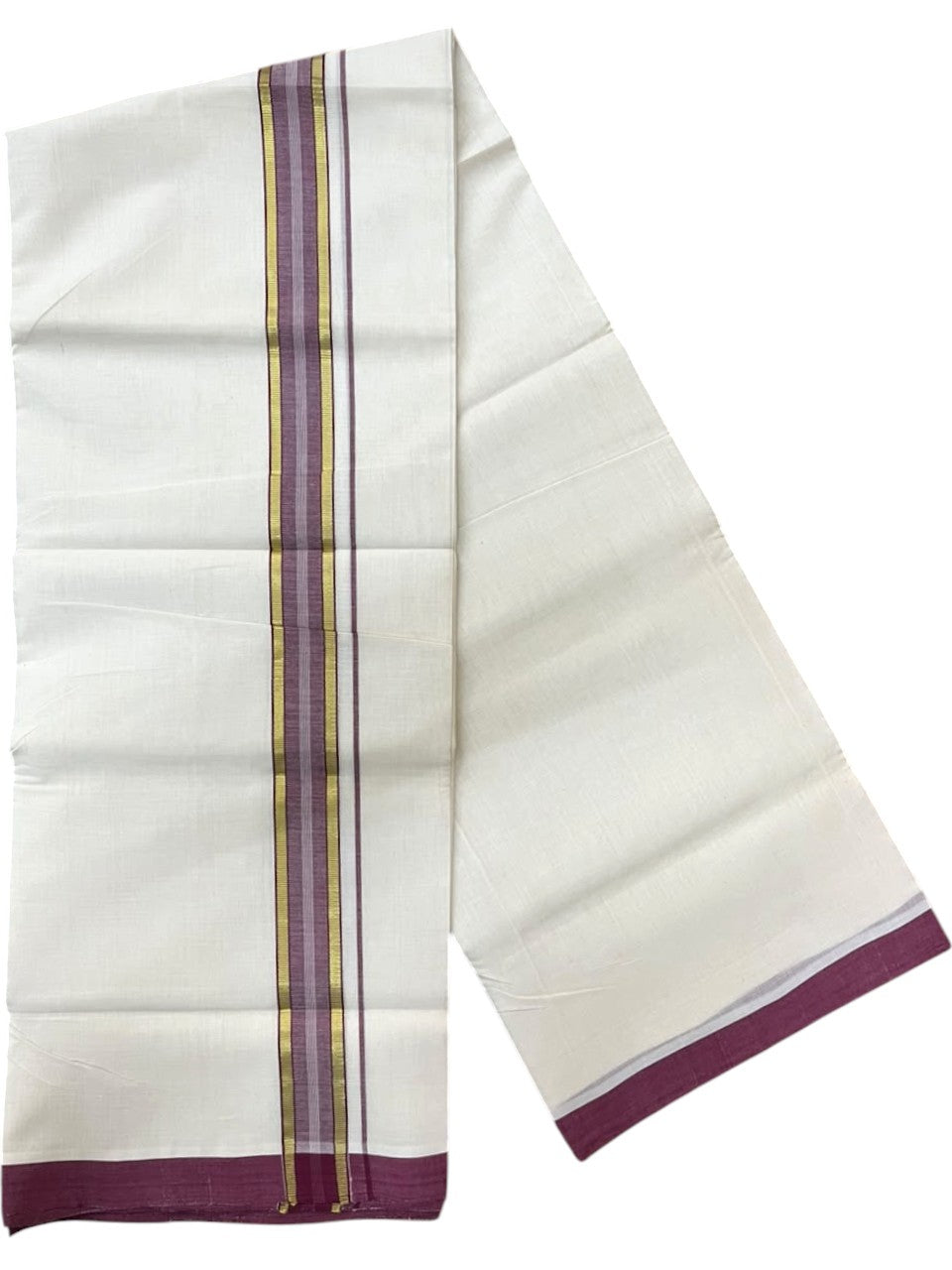 Southloom Balaramapuram Unakkupaavu Premium Handloom Cotton Double Mundu with Gold Kasavu and Purple Border