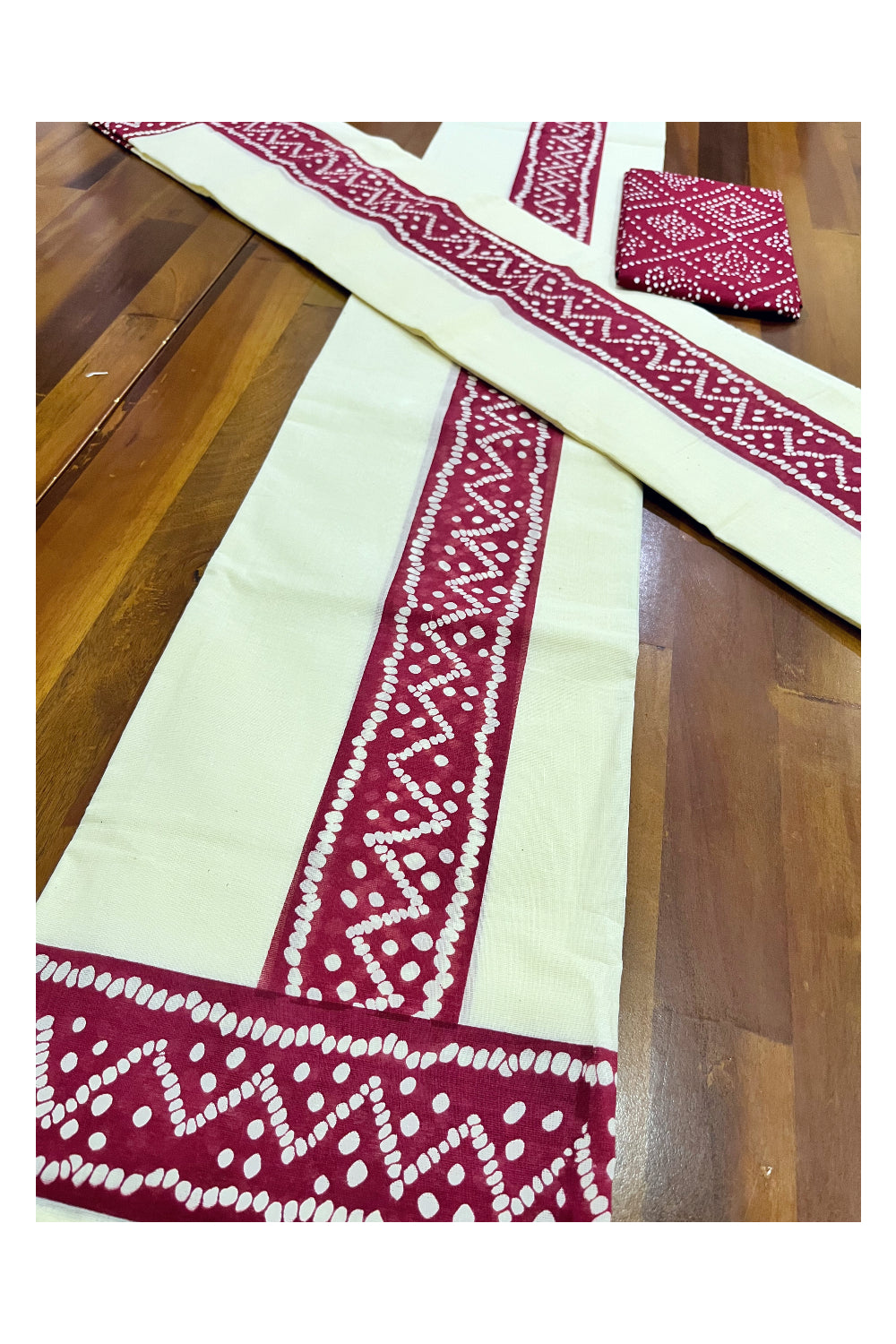 Kerala Cotton Set Mundu (Mundum Neriyathum) with Maroon Block Prints and Seperate Blouse Piece