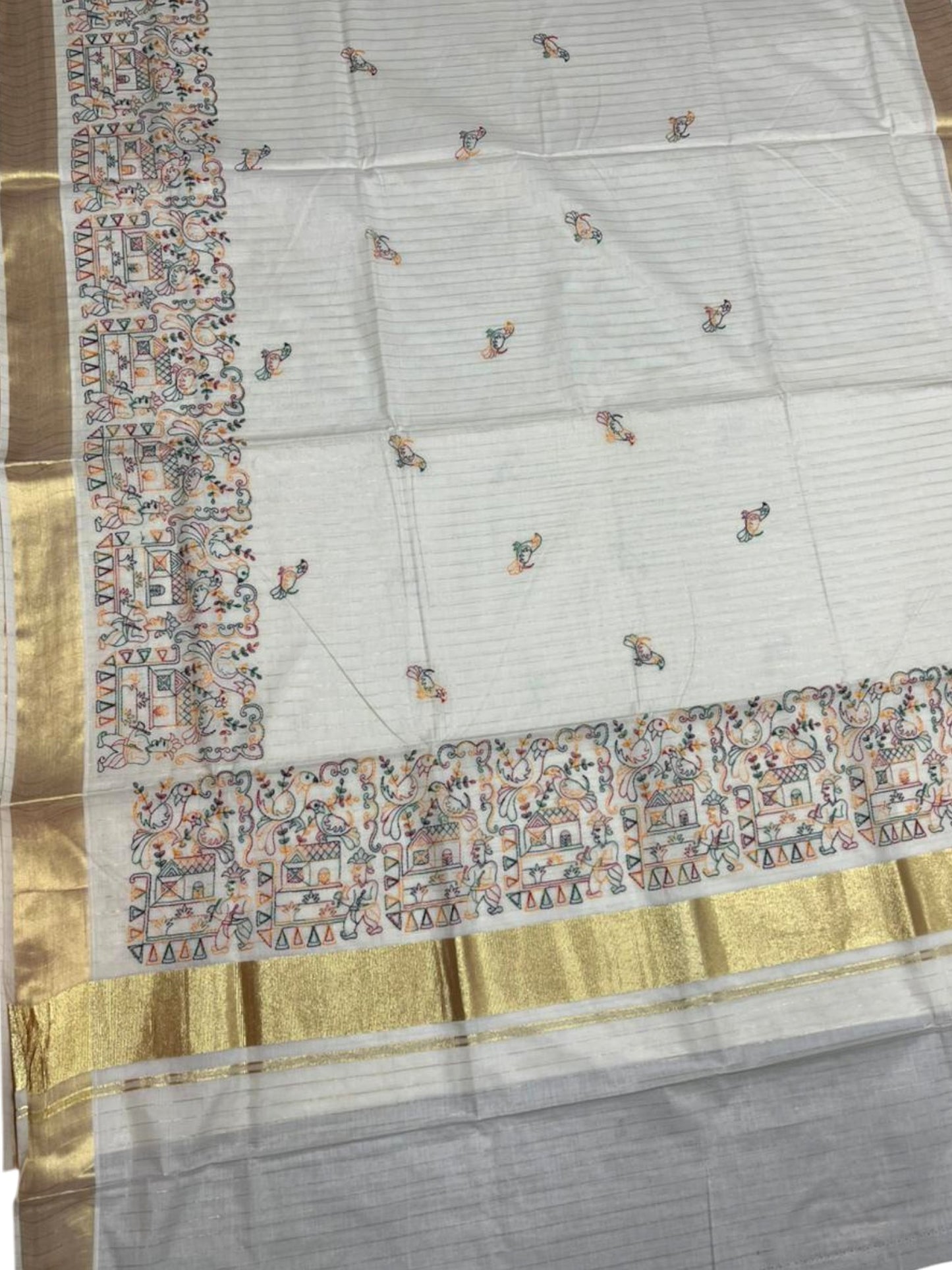 Southloom Cotton Kerala Kasavu Lines Saree with Kantha Embroidery Work on Body SL322