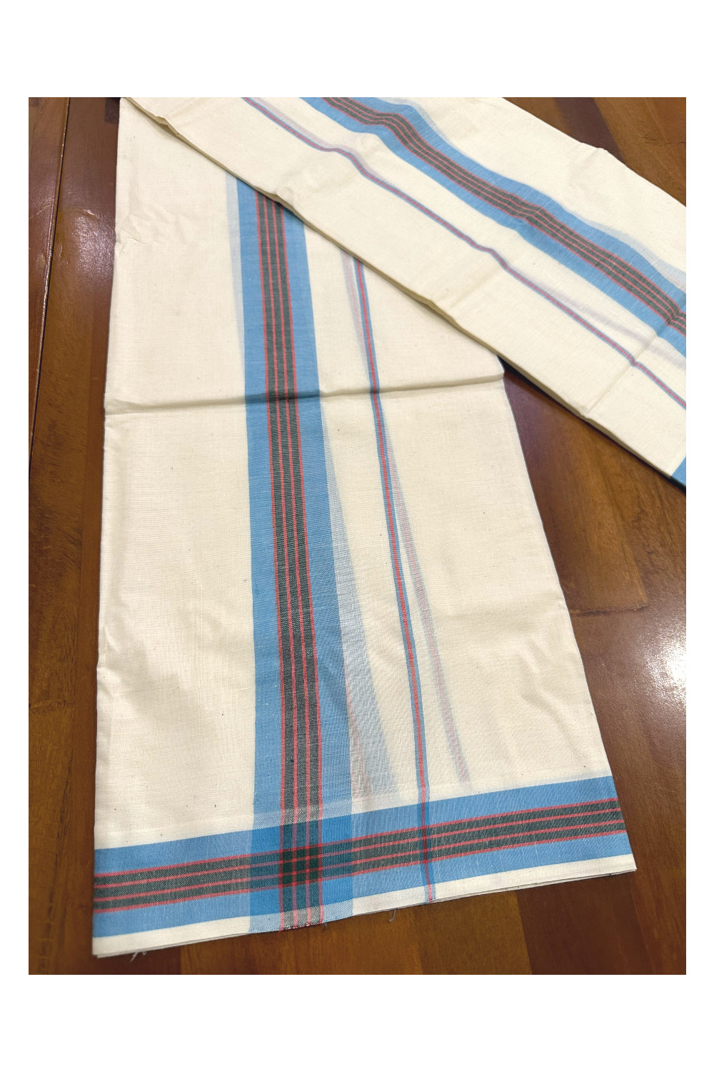 Kerala Mulloth Soft Cotton Mundum Neriyathum Single with Blue and Red Border (Onam Set Mundu 2023)