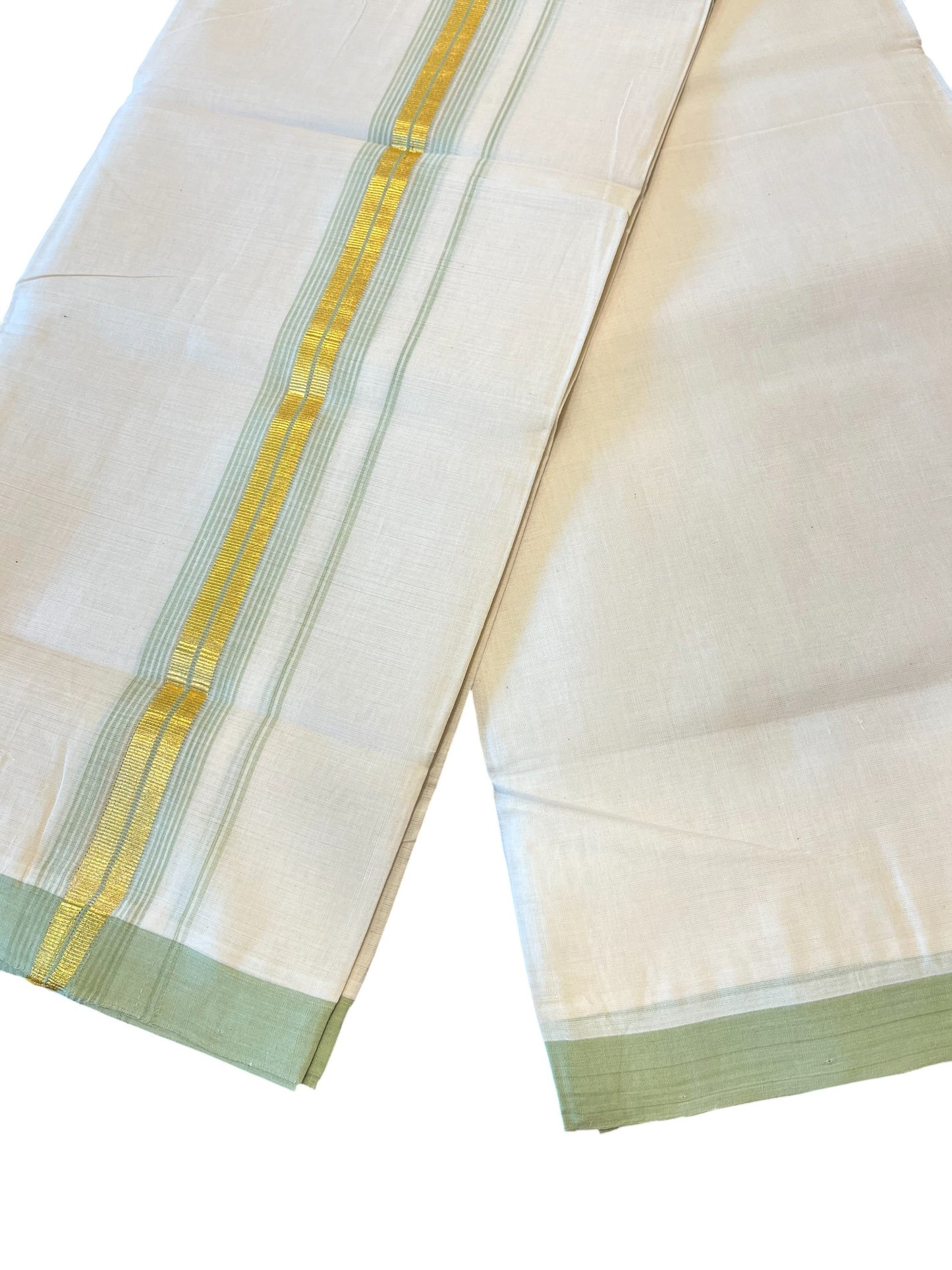 Southloom Premium Handloom Cotton Double Mundu with Gold and Green Border