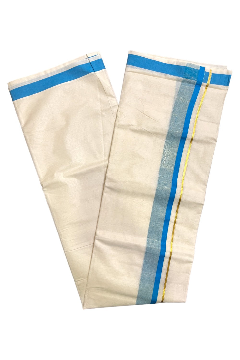 Kerala Pure Cotton Double Mundu with Blue and Kasavu Border (South Indian Kerala Dhoti)