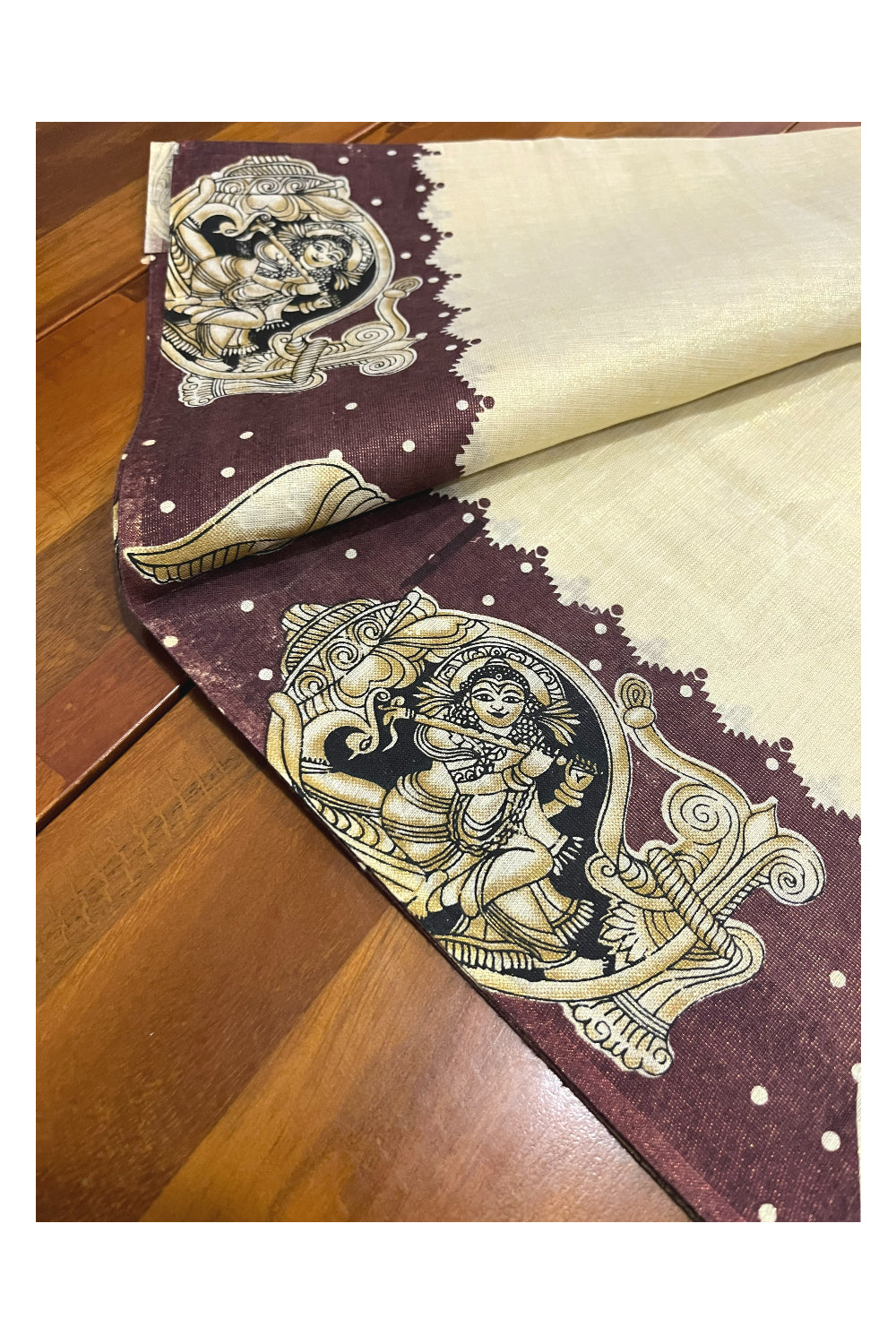 Kerala Tissue Kasavu Set Mundu (Mundum Neriyathum) with Krishna Mural Prints on Brown Border (Onam Set Mundu 2023)