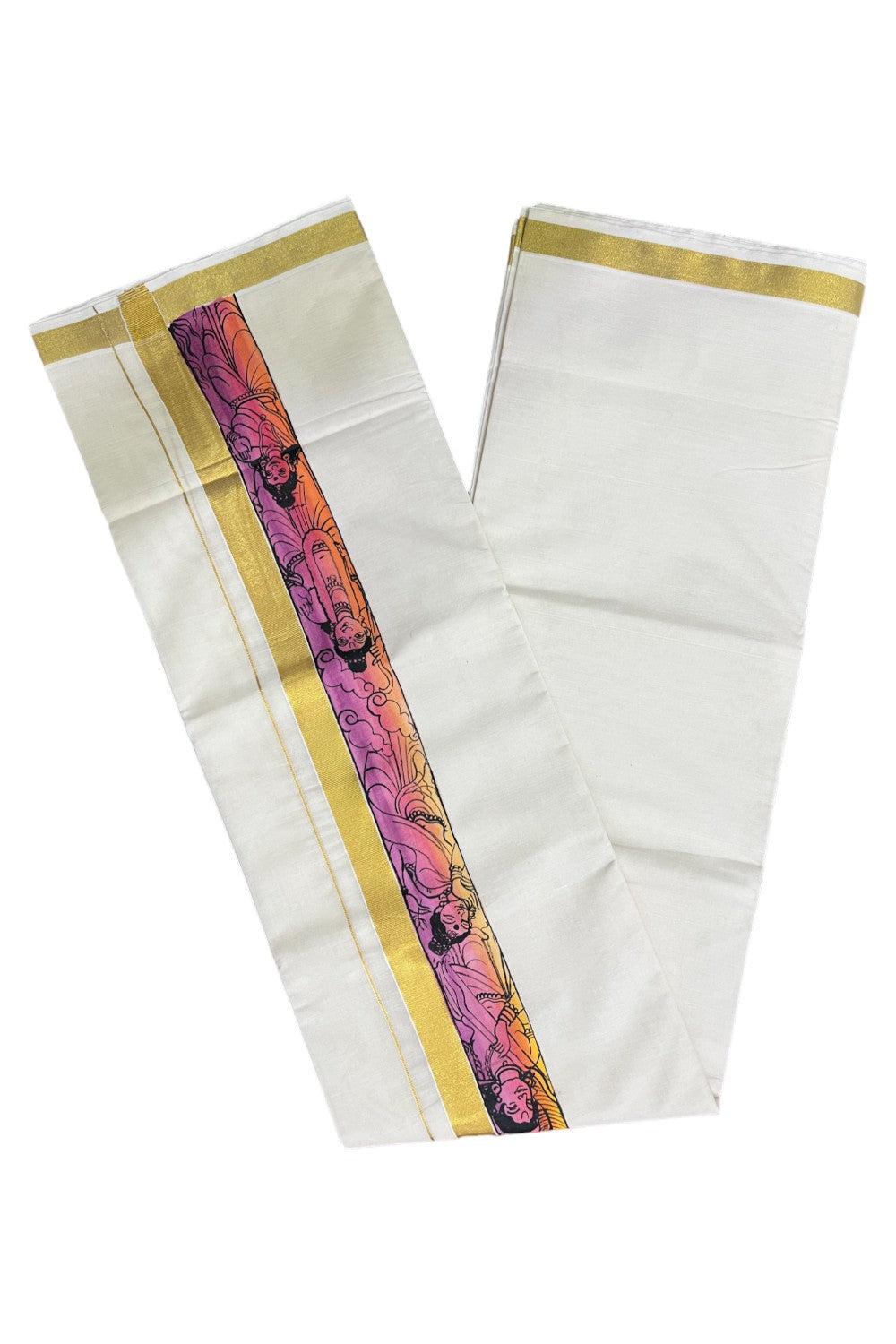 Kerala Pure Cotton Double Mundu with Mural Hand Painted Design on Kasavu Border (South Indian Kerala Dhoti)