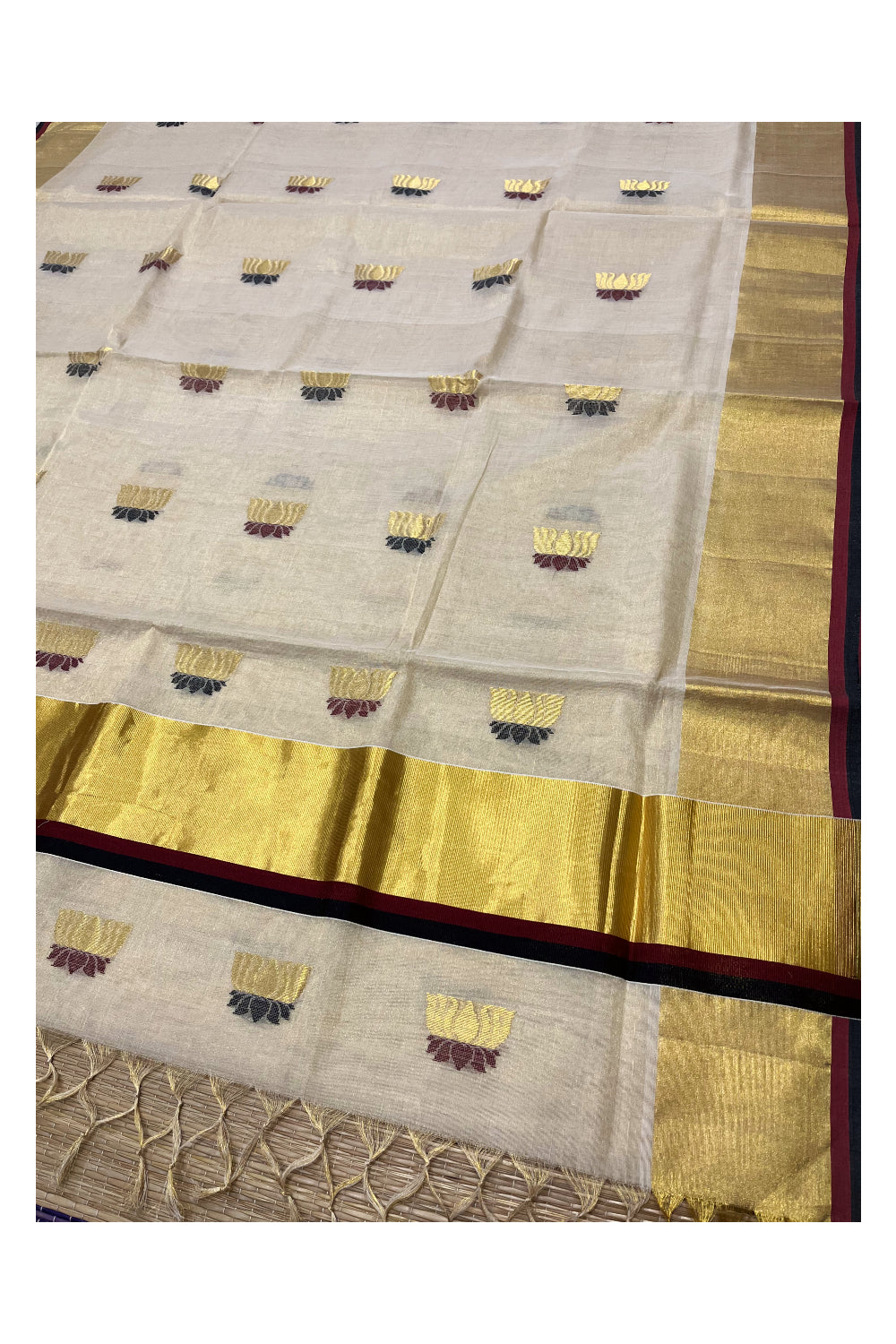 Southloom Premium Handloom Tissue Kasavu Saree with Lotus Woven Designs and Maroon Black Border