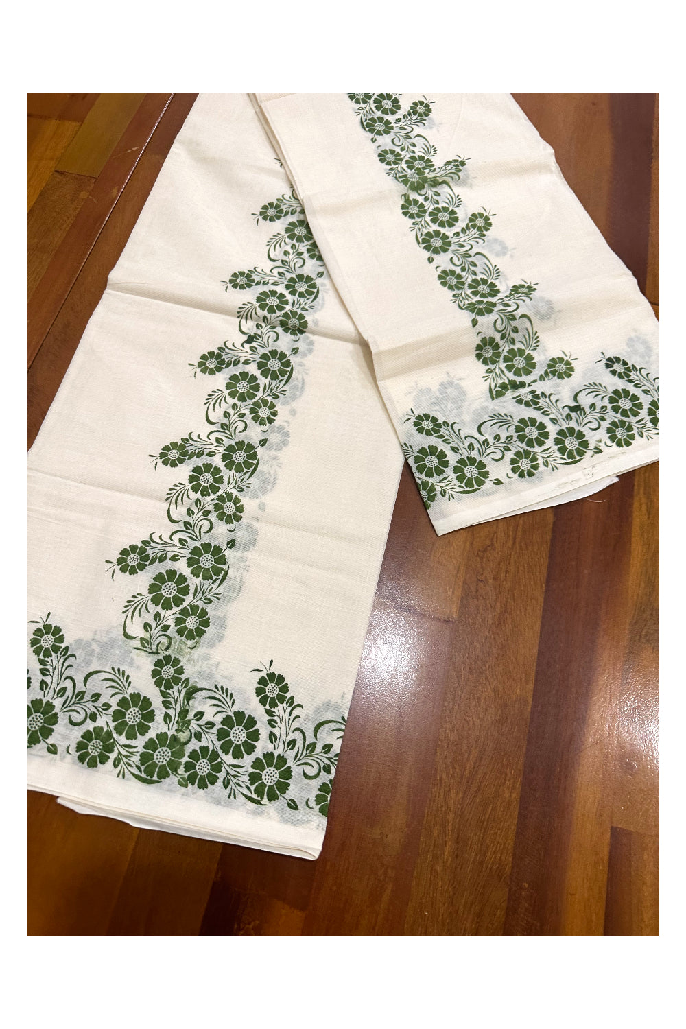 Kerala Cotton Set Mundu (Mundum Neriyathum) with Green Floral Block Printed Border (Onam Set Mundu 2023)