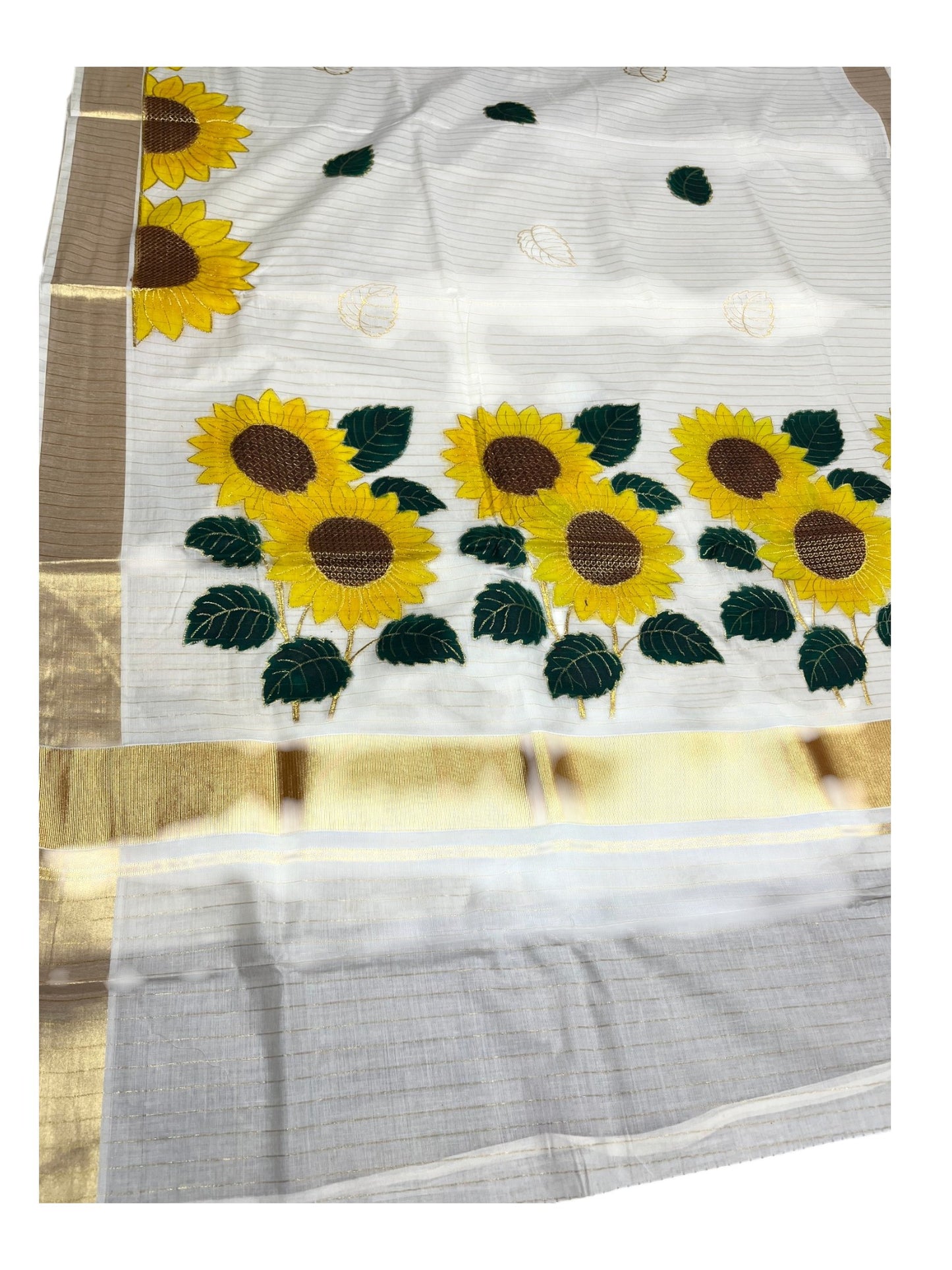 Southloom Kerala Cotton Kasavu Lines Saree with Embroidery Work in Yellow Floral Print