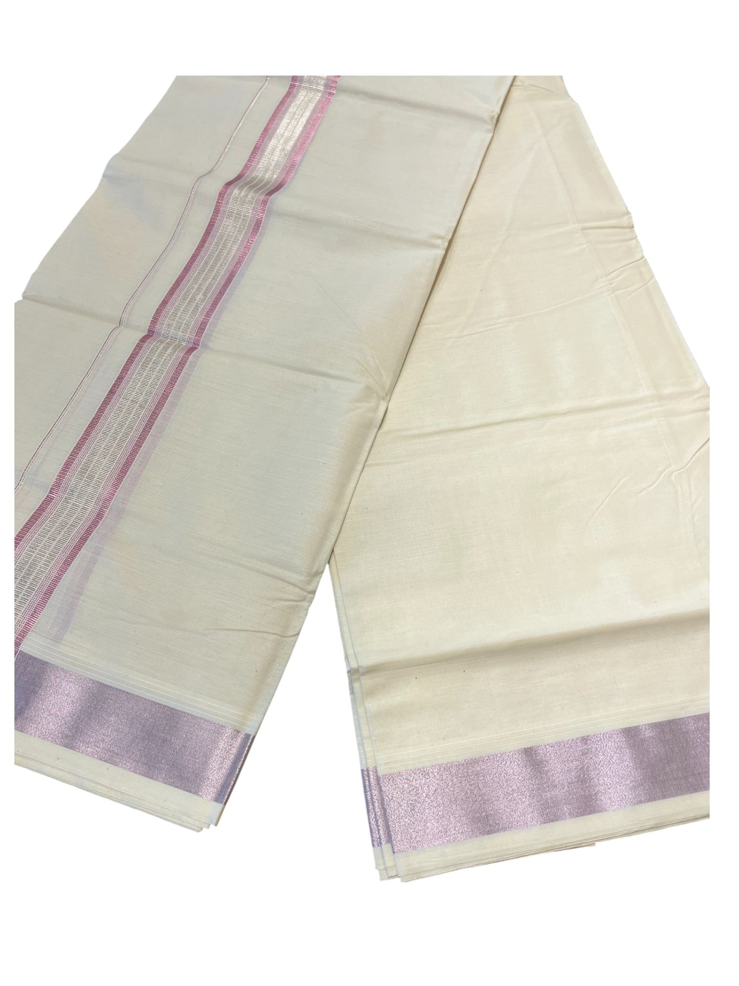 Southloom Pure Cotton Mundu with Rose Gold and Silver Border (South Indian Kerala Dhoti)