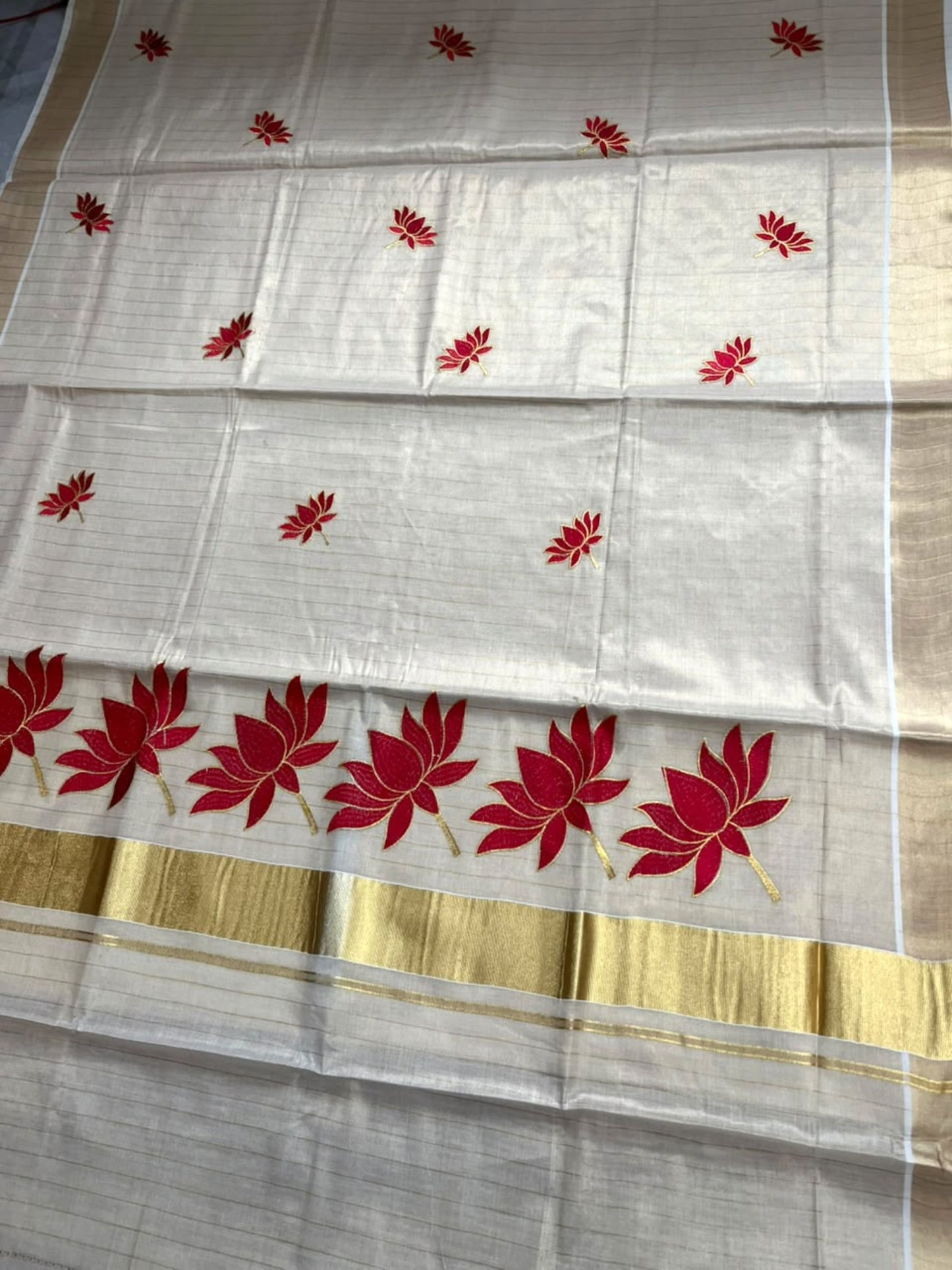 Southloom Kerala Tissue Kasavu Saree with Lotus Embroidery Works on Body in Red SL557