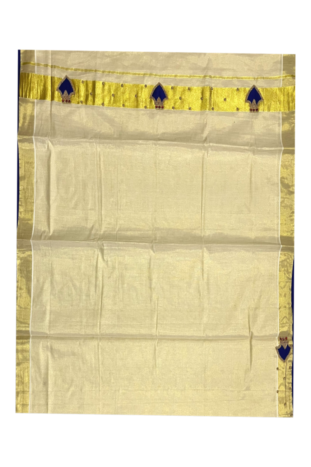 Kerala Tissue Kasavu Bead Work Designer Saree with Seperate Blue Blouse Piece (Onam Saree 2023)