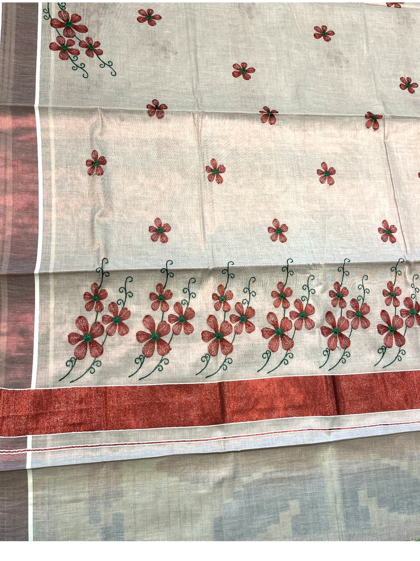 Southloom Kerala Tissue Kasavu Saree with Maroon Floral Embroidery on Body and Border