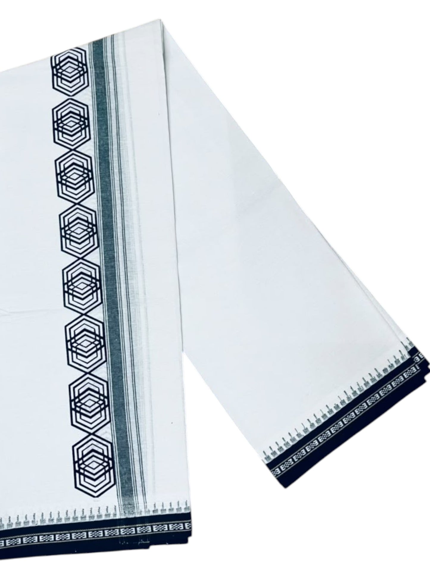 Southloom White Green Printed Single Mundu / Otta Mundu / Lungi (South Indian Kerala Dhoti) SL622