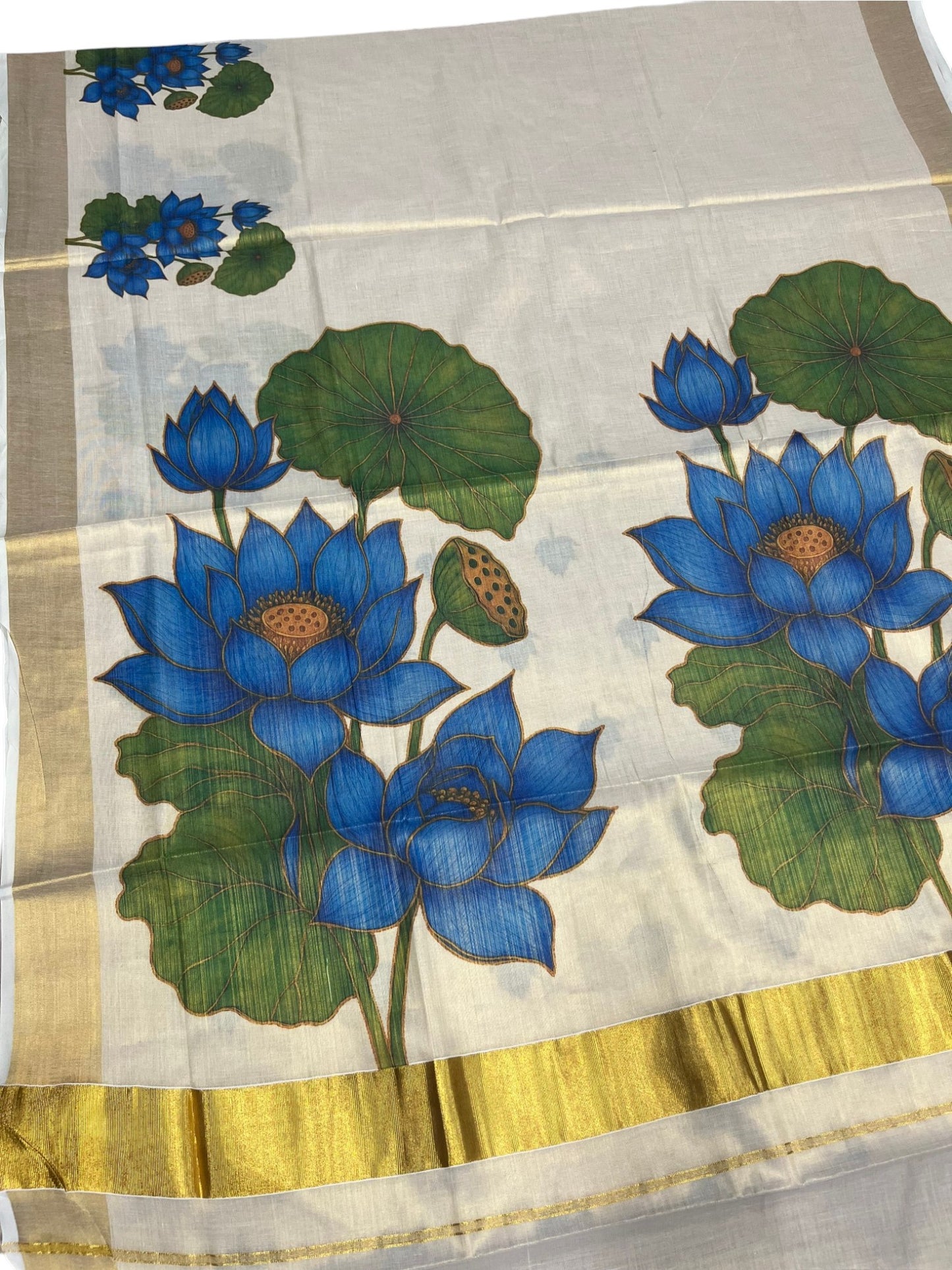 Southloom Kerala Tissue Kasavu Saree with  Blue Lotus Digital Prints on Border
