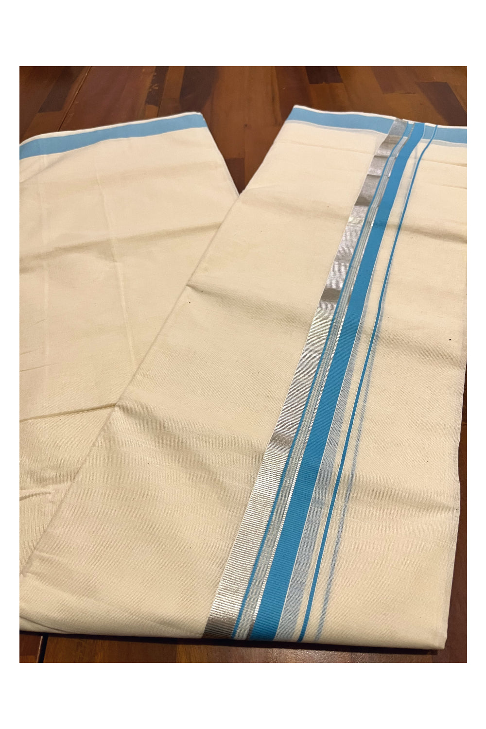 Pure Cotton Kerala Double Mundu with Light Blue and Silver Kasavu Kara (South Indian Kerala Dhoti)