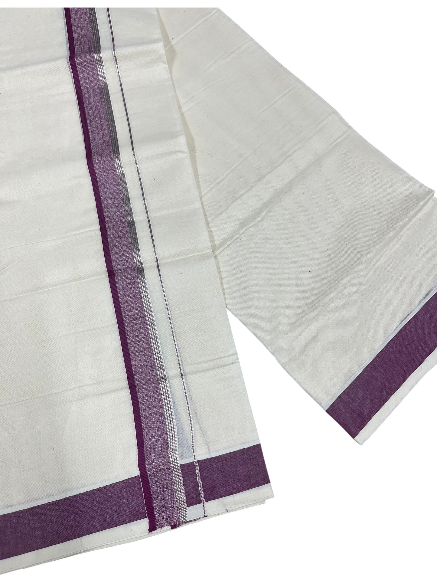 Southloom Pure Cotton Mundu with Silver Lines and Purple Border (South Indian Kerala Dhoti)