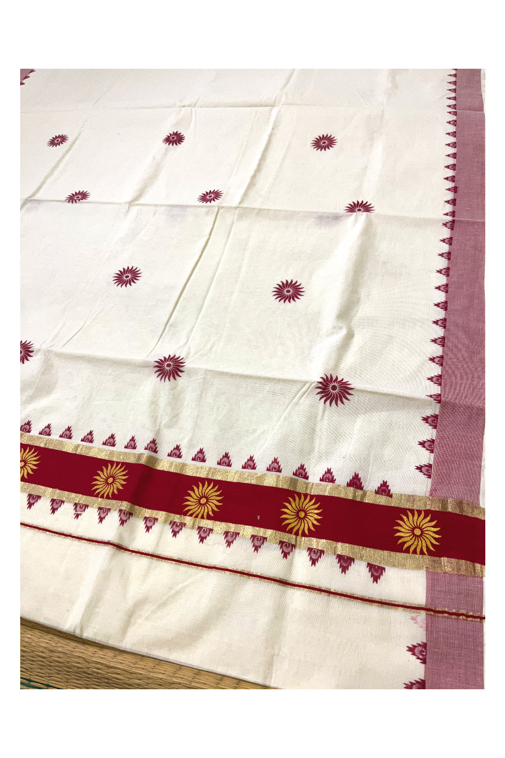 Pure Cotton Kerala Kasavu Saree with Red Floral Block Printed Design