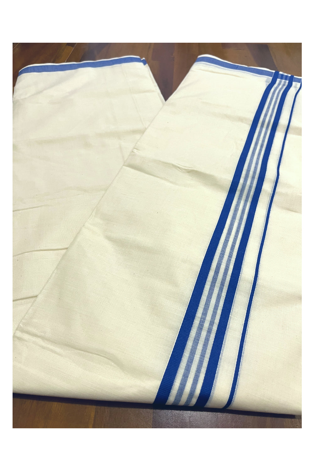 Kerala Cotton Double Mundu with Blue Line Border (Onam Mundu 2023)